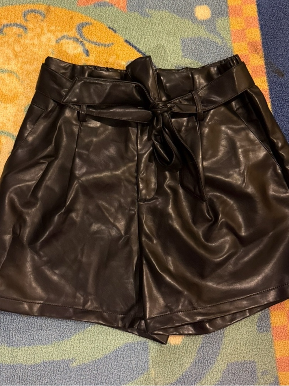 High-Waist Faux Leather Paperbag Shorts - Black